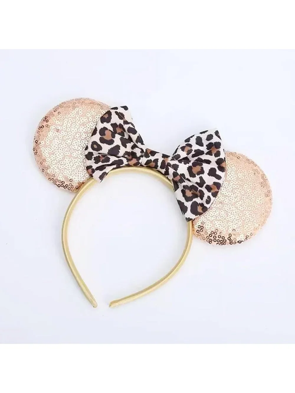 Women Gold Leopard Sequin Polyester Shiny Bows Mickey Mouse Headband